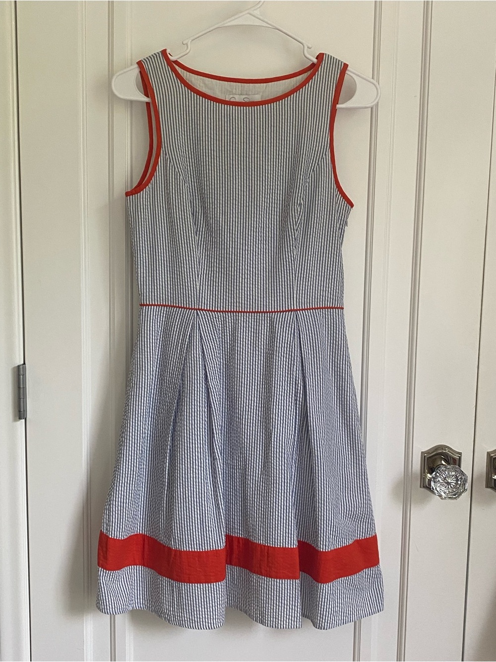 Blue and Red Sleeveless Seersucker Midi Dress